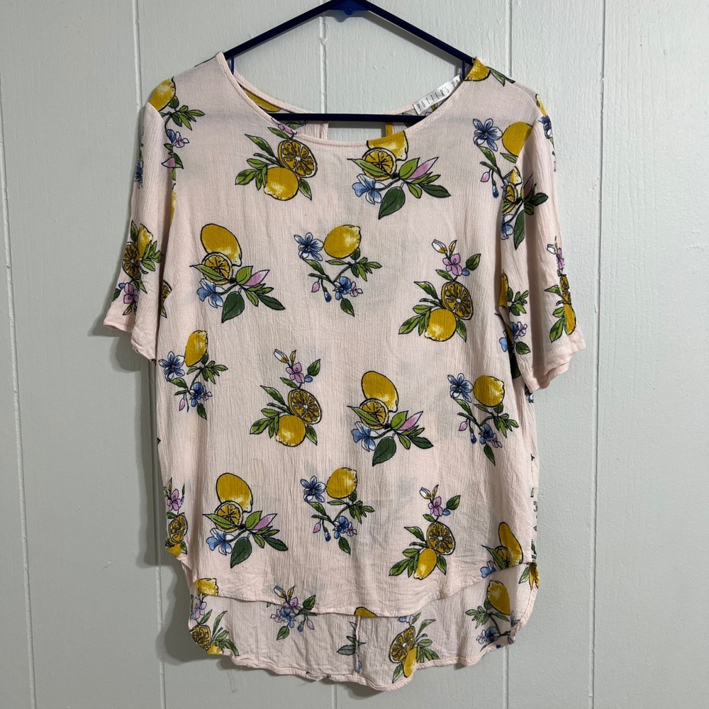 Potters Pot Women's Pink Lemon Floral Print Short Sleeve Top Size L